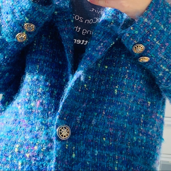 Vintage Teal Gold Metal Buttoned Bouclé Blazer - Picture 3 of 13